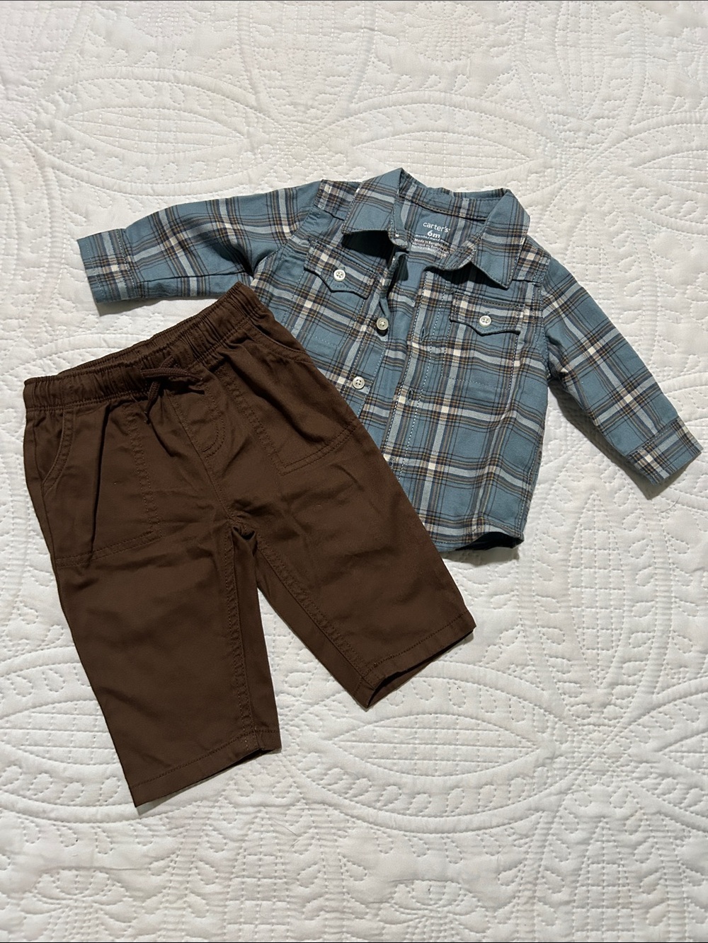 CARTERS Blue and Cream flannel w/ brown pants Sz: 6m